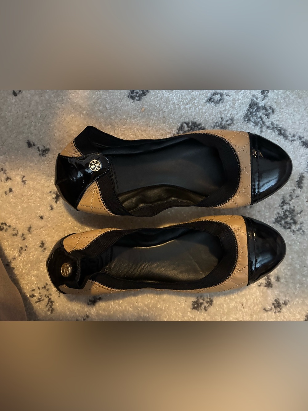 Tory Burch Quilted Ballet Flats in Beige and Black with Logo Accent